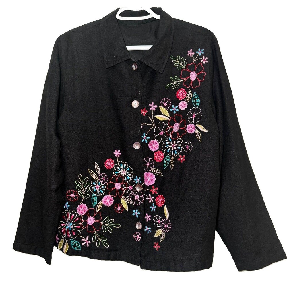 Units Woman Black Floral Embroidered Button Front Jacket Size L Boho Y2K